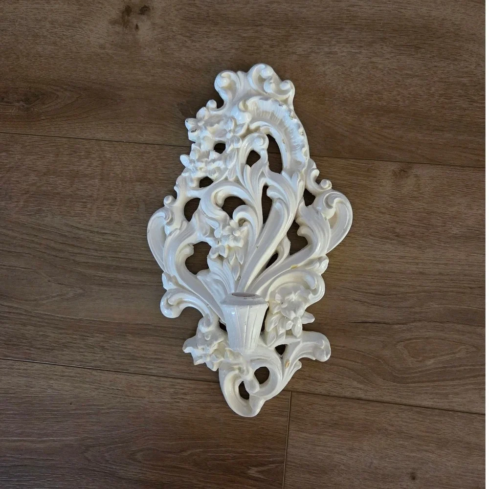 Vintage Rococo Style White Wall Sconce‎ Candle Holder Ornate Floral Scroll